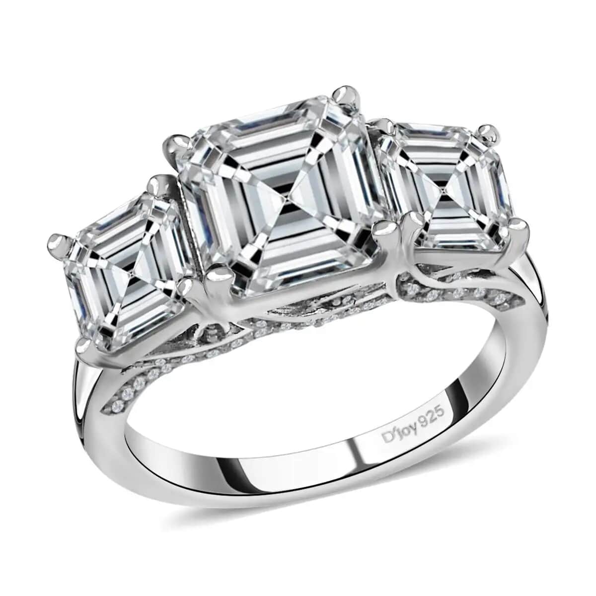 Asscher Cut Moissanite Trilogy Ring, Platinum Over Sterling Silver Ring, Moissanite Jewelry, Moissanite Ring 5.25 ctw image number 0