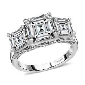 Asscher Cut Moissanite Trilogy Ring, Platinum Over Sterling Silver Ring, Moissanite Jewelry, Moissanite Ring 5.25 ctw