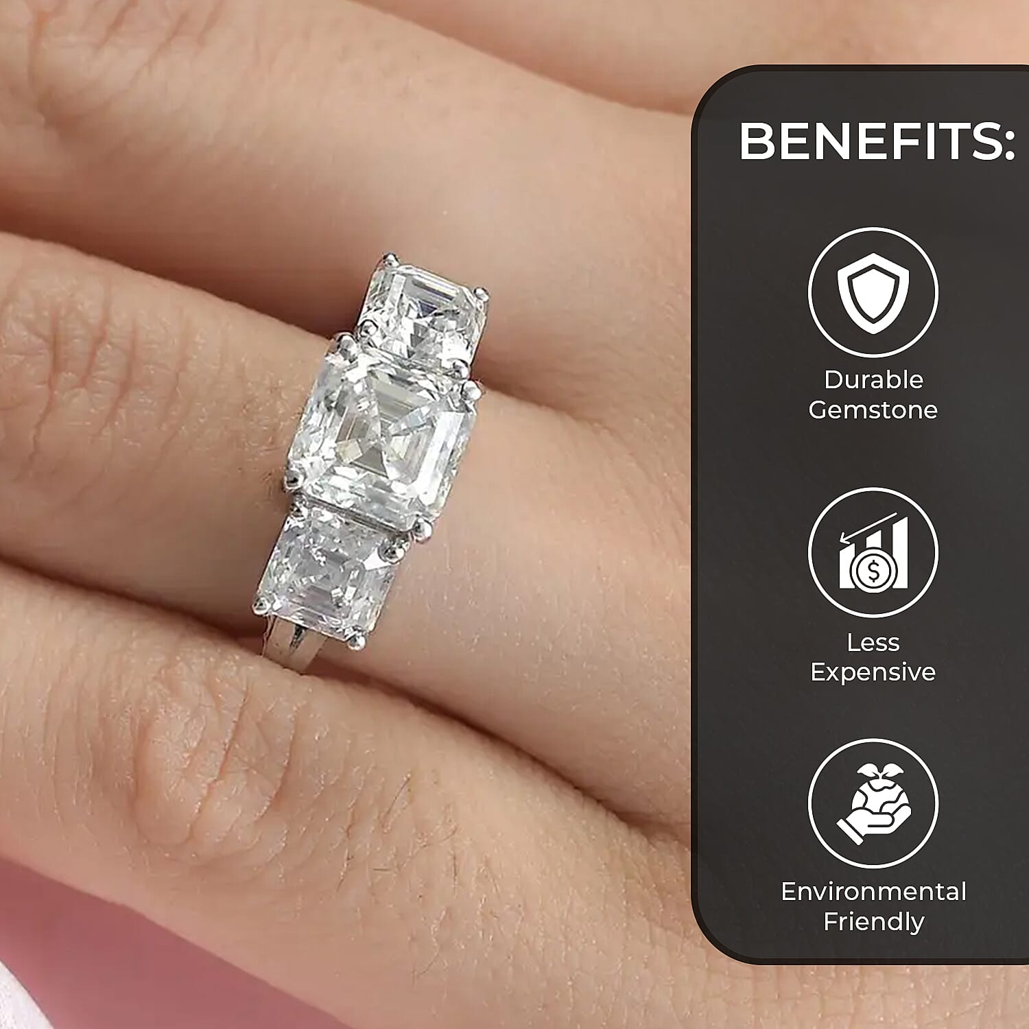 Asscher Cut Moissanite Trilogy Ring, Platinum Over Sterling Silver Ring, Moissanite Jewelry, Moissanite Ring 5.25 ctw
