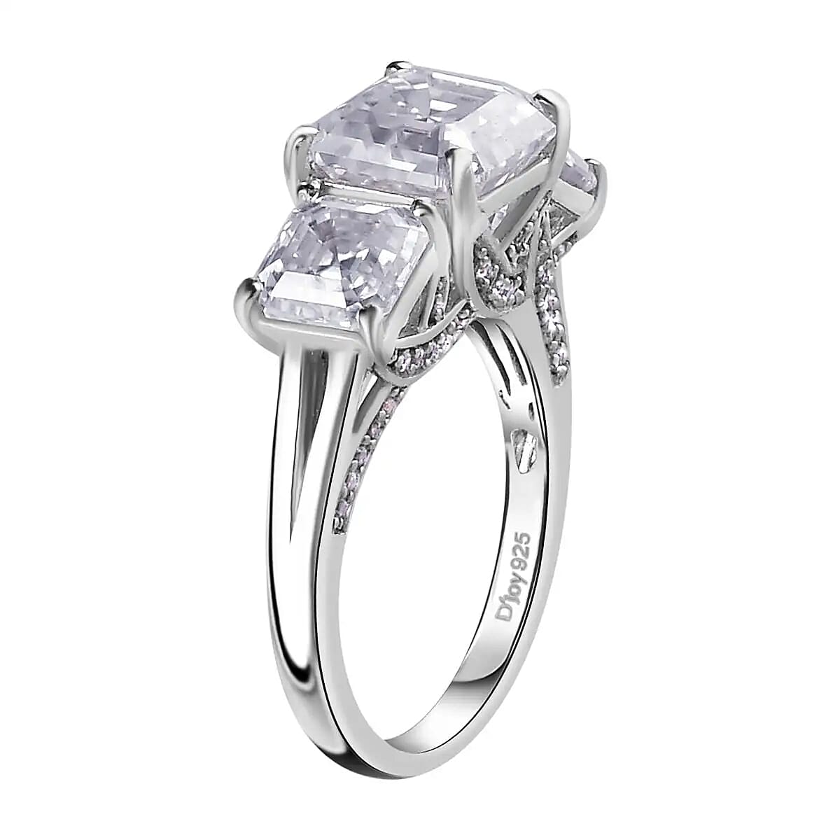 Asscher Cut Moissanite Trilogy Ring, Platinum Over Sterling Silver Ring, Moissanite Jewelry, Moissanite Ring 5.25 ctw