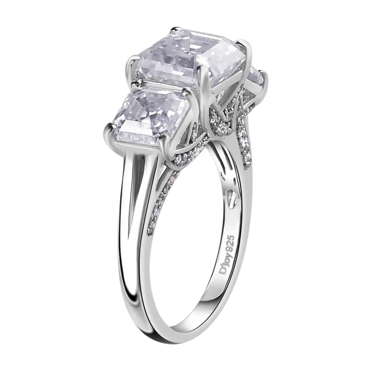 Doorbuster Asscher Cut Moissanite Trilogy Ring in Platinum Over Sterling Silver (Del. in 5-7 Days) 5.25 ctw image number 4