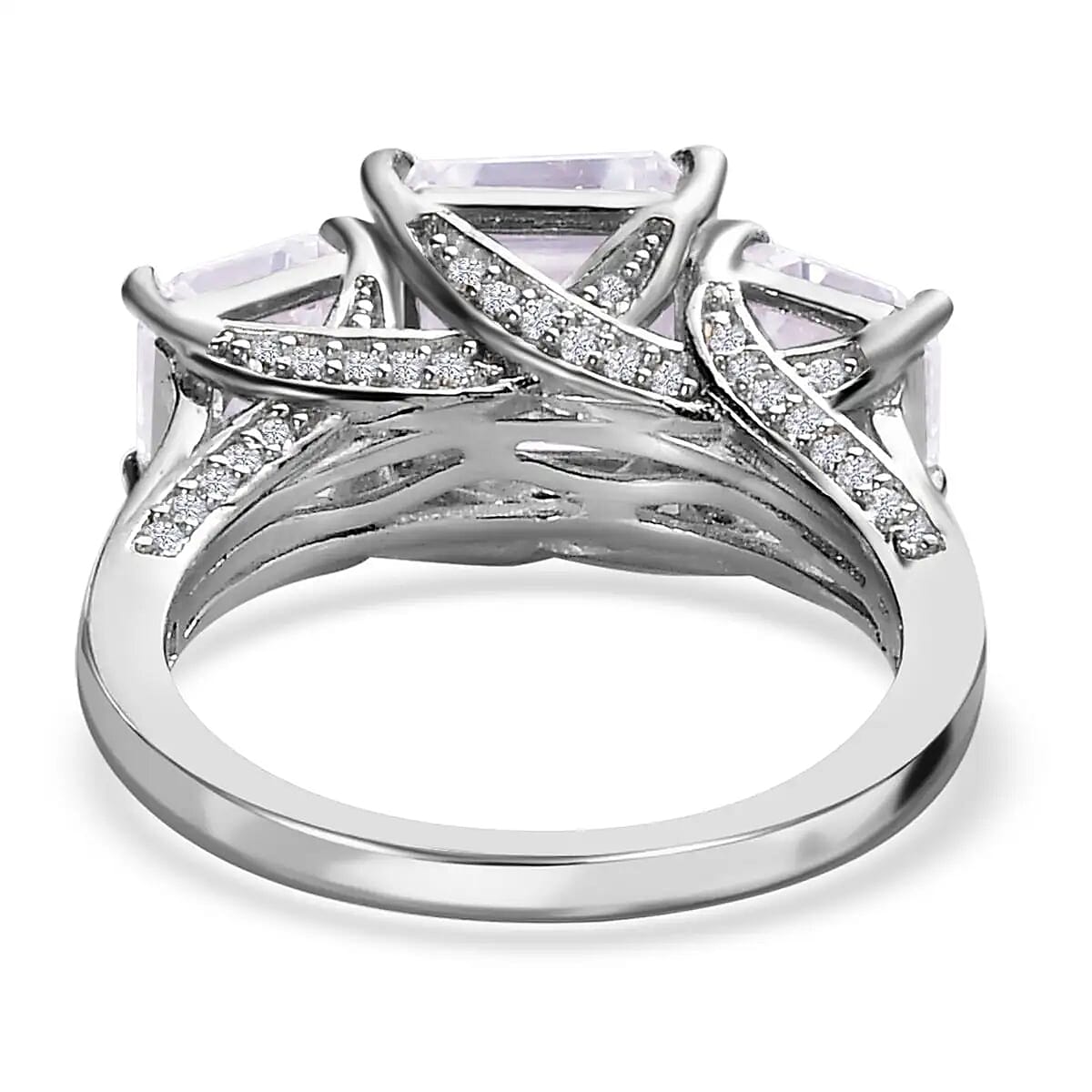 Asscher Cut Moissanite Trilogy Ring, Platinum Over Sterling Silver Ring, Moissanite Jewelry, Moissanite Ring 5.25 ctw