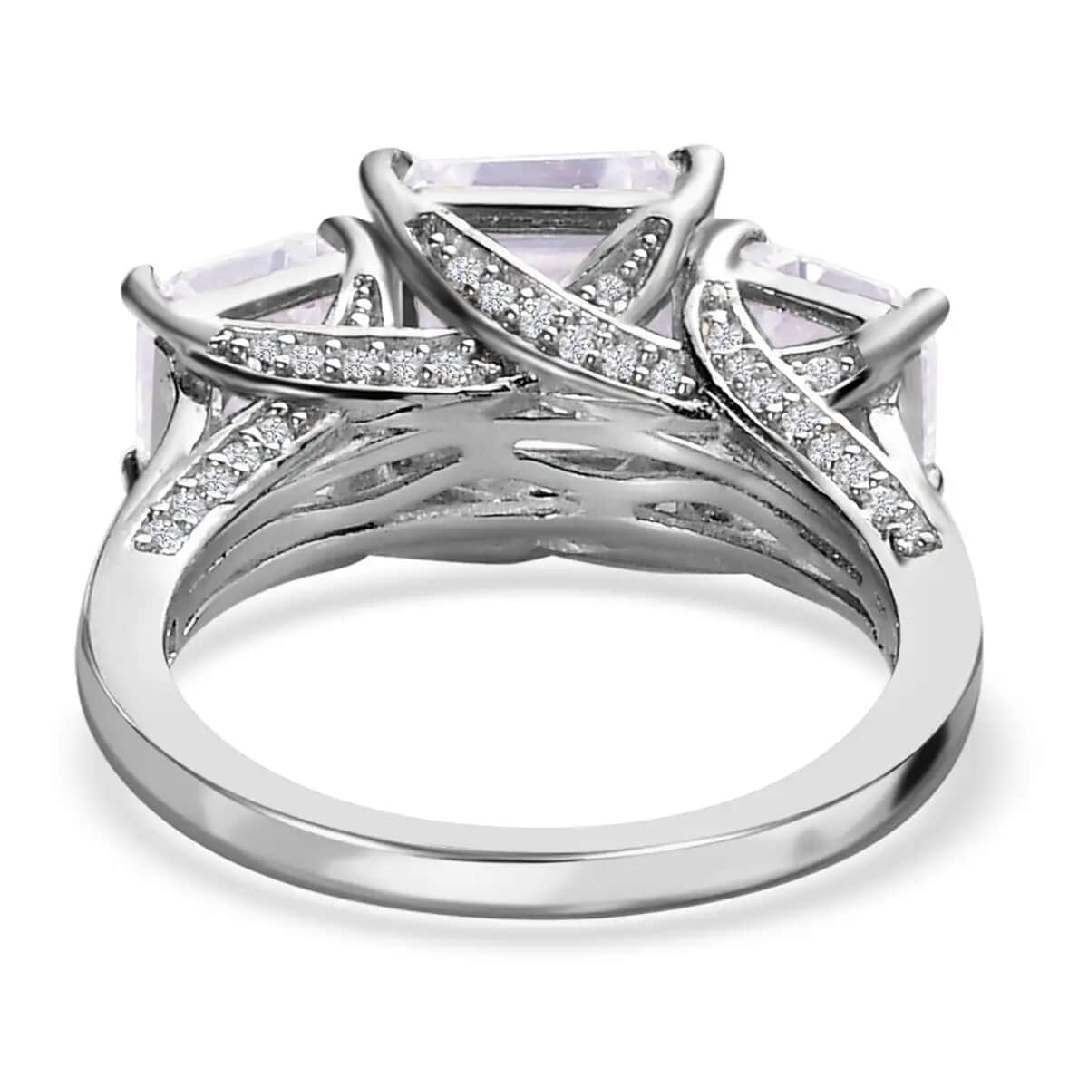 Doorbuster Asscher Cut Moissanite Trilogy Ring in Platinum Over Sterling Silver (Del. in 5-7 Days) 5.25 ctw image number 5