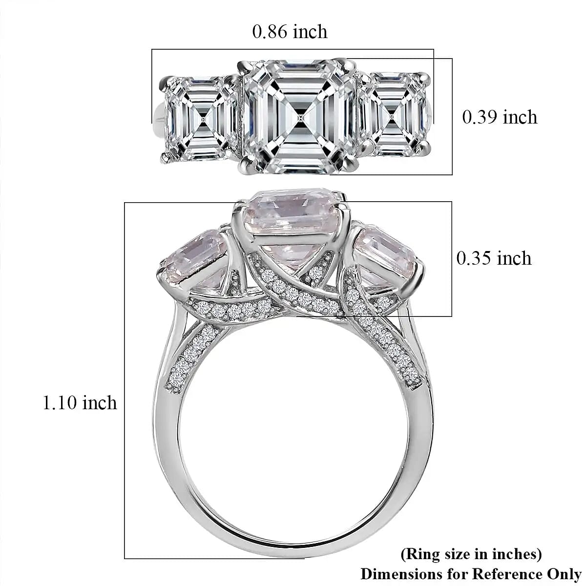 Asscher Cut Moissanite Trilogy Ring, Platinum Over Sterling Silver Ring, Moissanite Jewelry, Moissanite Ring 5.25 ctw