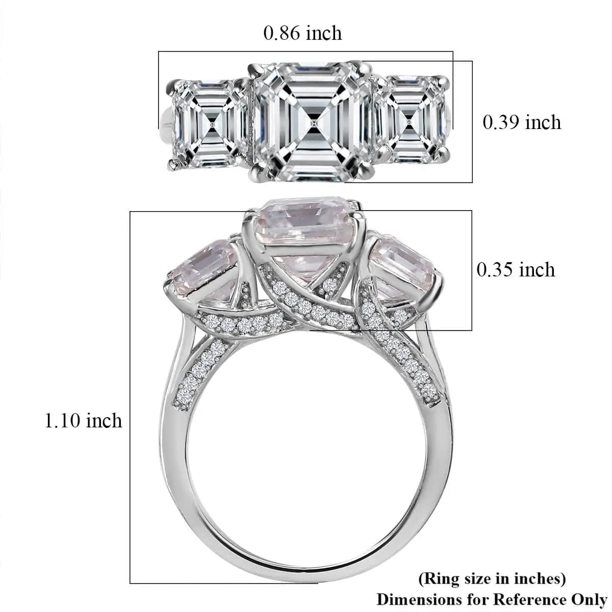 Asscher Cut Moissanite Trilogy Ring, Platinum Over Sterling Silver Ring, Moissanite Jewelry, Moissanite Ring 5.25 ctw image number 6