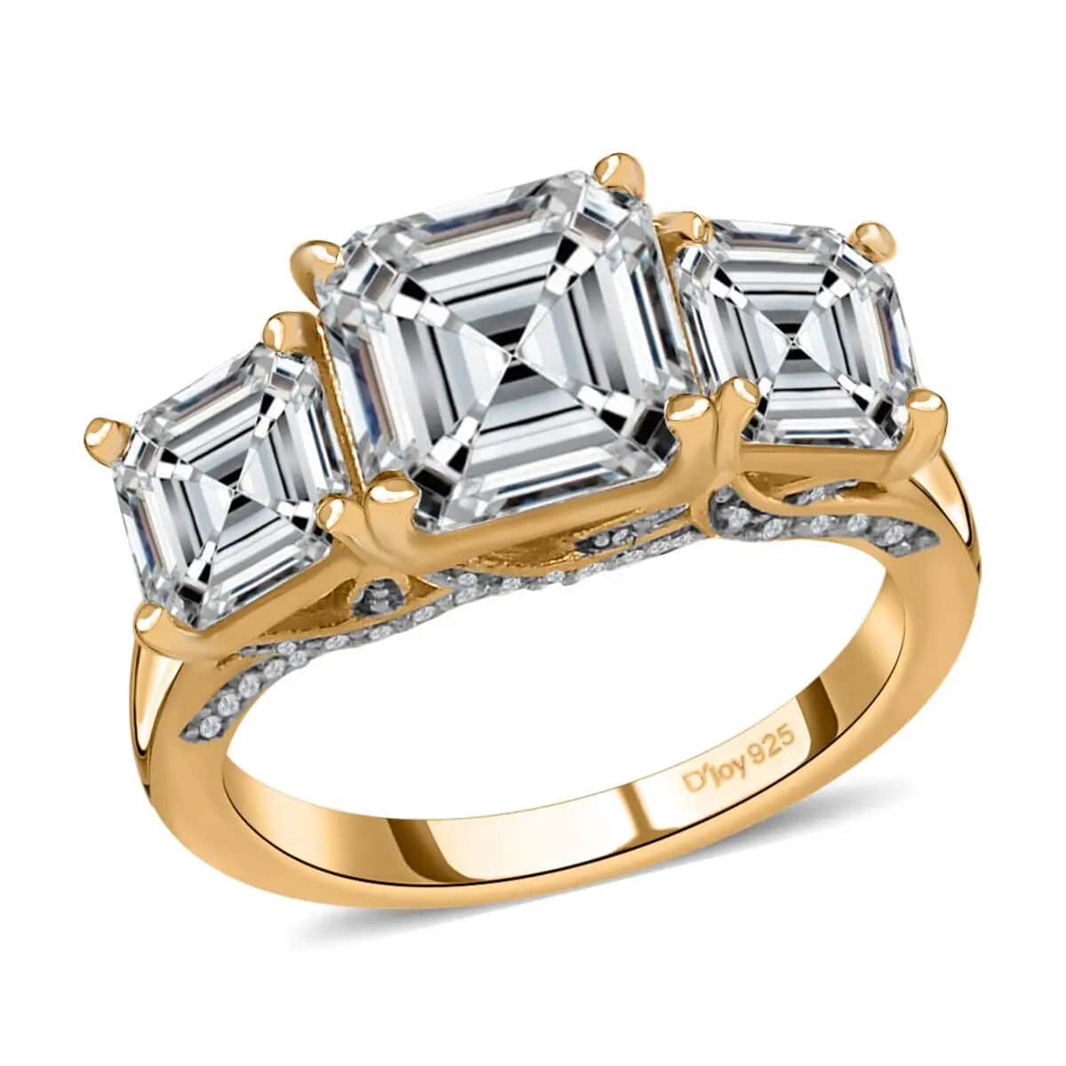 Asscher Cut Moissanite Trilogy Ring, Vermeil Yellow Gold Over Sterling Silver Ring, Moissanite Jewelry, Moissanite Ring 5.25 ctw image number 0