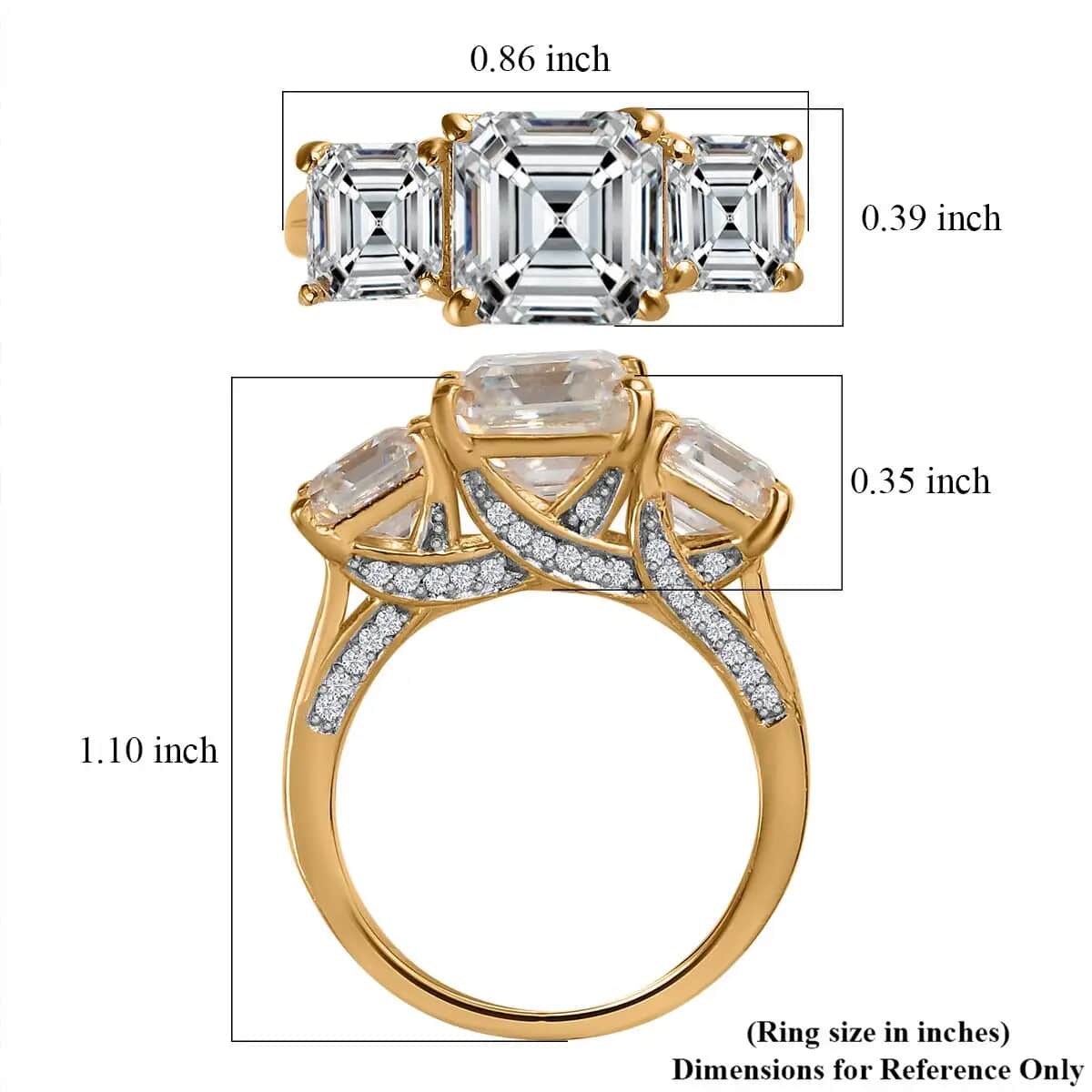 Asscher Cut Moissanite Trilogy Ring, Vermeil Yellow Gold Over Sterling Silver Ring, Moissanite Jewelry, Moissanite Ring 5.25 ctw image number 6