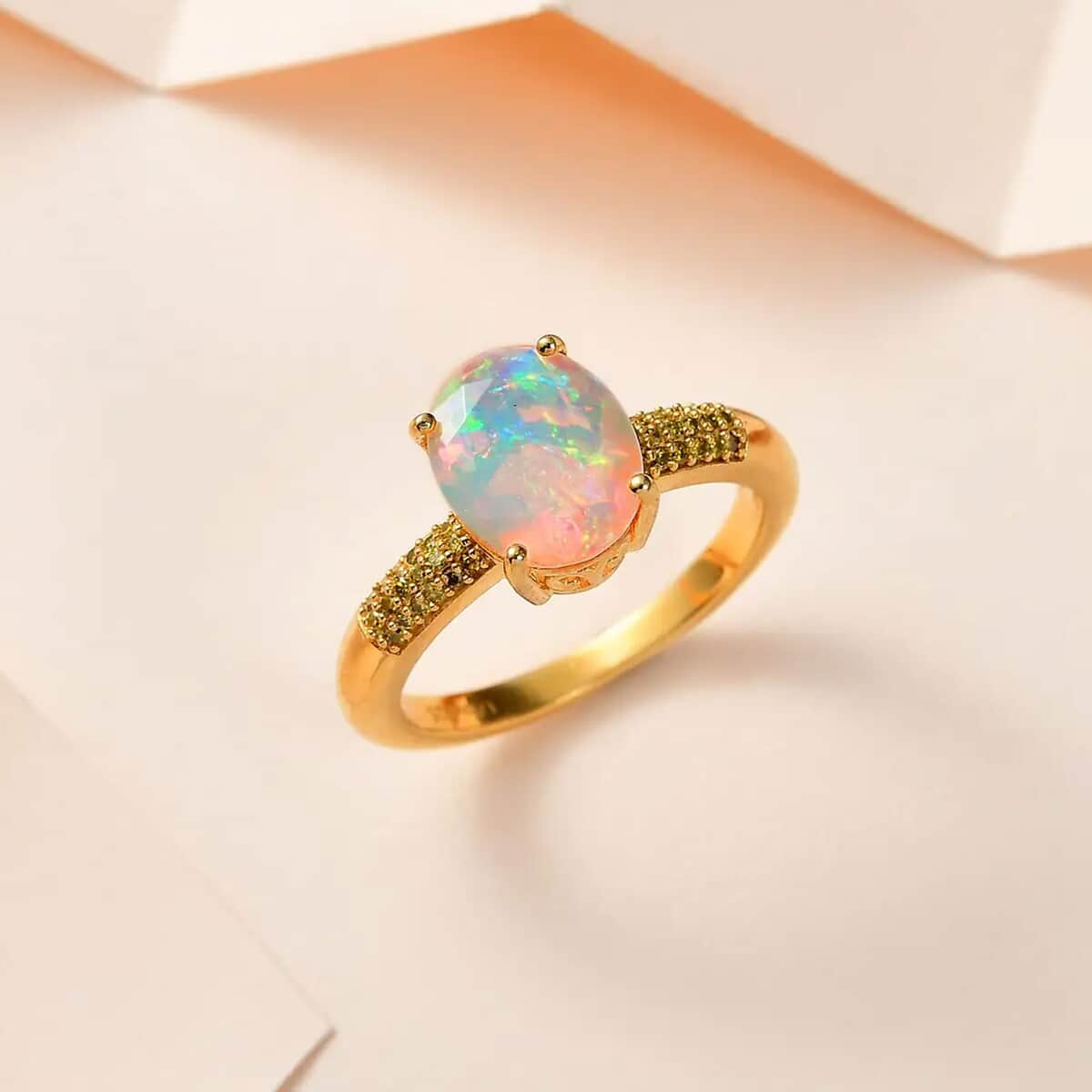 Doorbuster AAA Ethiopian Welo Opal and Yellow Diamond Ring in Vermeil Yellow Gold Over Sterling Silver (Size 10.0) 1.40 ctw image number 1