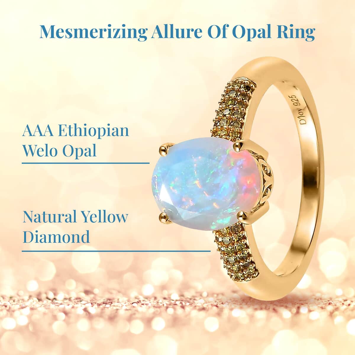 Doorbuster AAA Ethiopian Welo Opal and Yellow Diamond Ring in Vermeil Yellow Gold Over Sterling Silver (Size 10.0) 1.40 ctw image number 2