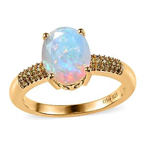 AAA Ethiopian Welo Opal and Natural Yellow Diamond Ring in Vermeil Yellow Gold Over Sterling Silver (Size 6.0) 1.40 ctw
