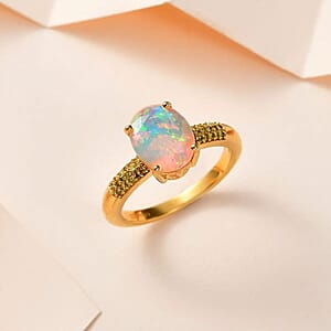AAA Ethiopian Welo Opal and Natural Yellow Diamond Ring in Vermeil Yellow Gold Over Sterling Silver (Size 6.0) 1.40 ctw