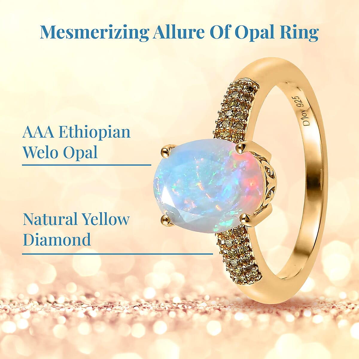 AAA Ethiopian Welo Opal and Natural Yellow Diamond Ring in Vermeil Yellow Gold Over Sterling Silver (Size 6.0) 1.40 ctw image number 2