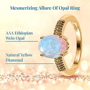 AAA Ethiopian Welo Opal and Natural Yellow Diamond Ring in Vermeil Yellow Gold Over Sterling Silver (Size 6.0) 1.40 ctw