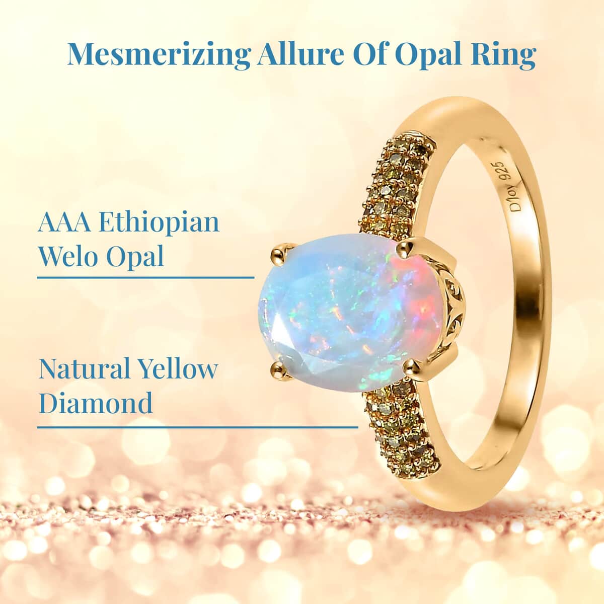 AAA Ethiopian Welo Opal and Natural Yellow Diamond Ring in Vermeil Yellow Gold Over Sterling Silver (Size 7.0) 1.40 ctw image number 2