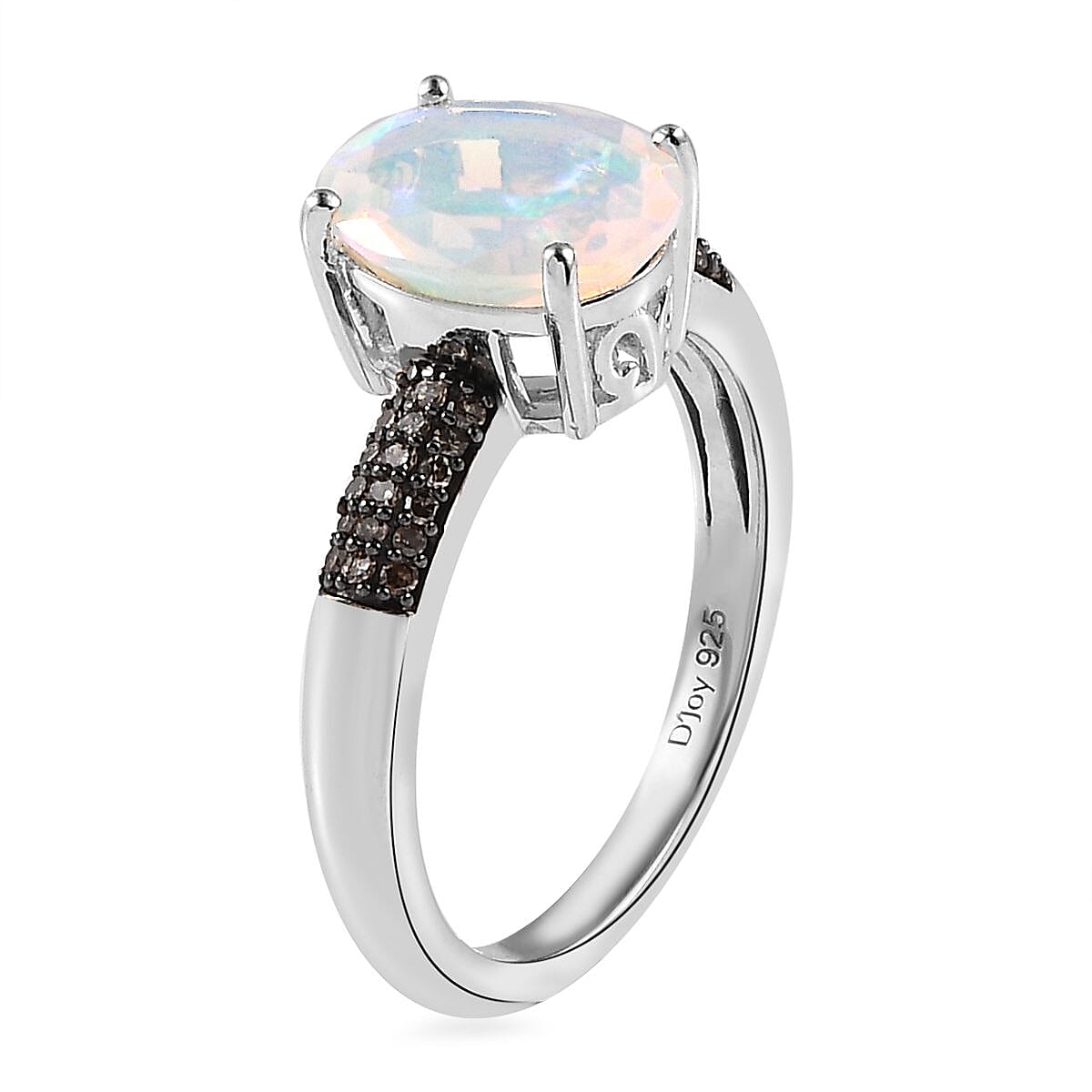 AAA Ethiopian Welo Opal and Natural Champagne Diamond Ring in Platinum Over Sterling Silver (Size 10.0) 1.75 ctw