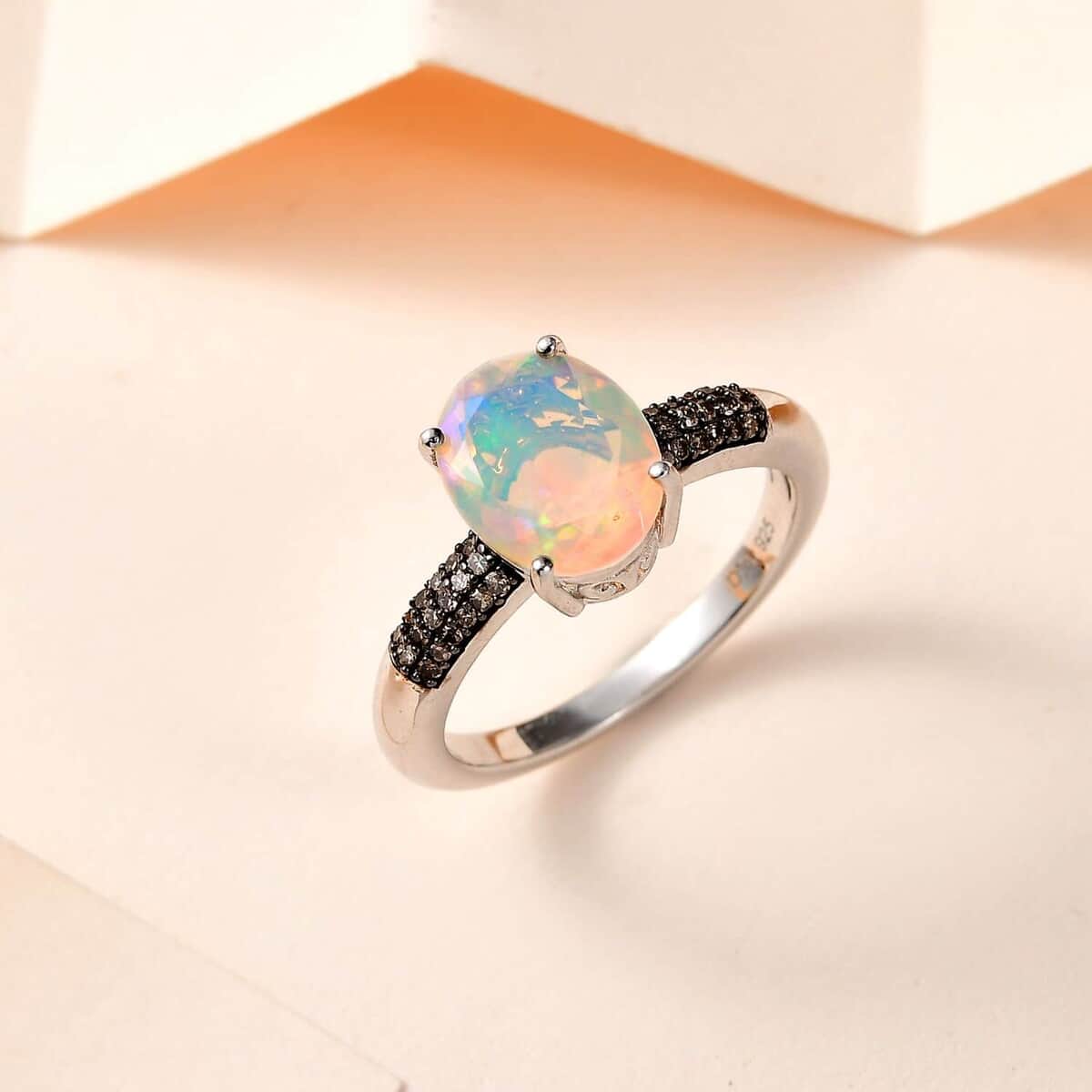 AAA Ethiopian Welo Opal and Natural Champagne Diamond Ring in Platinum Over Sterling Silver (Size 7.0) 1.75 ctw image number 1