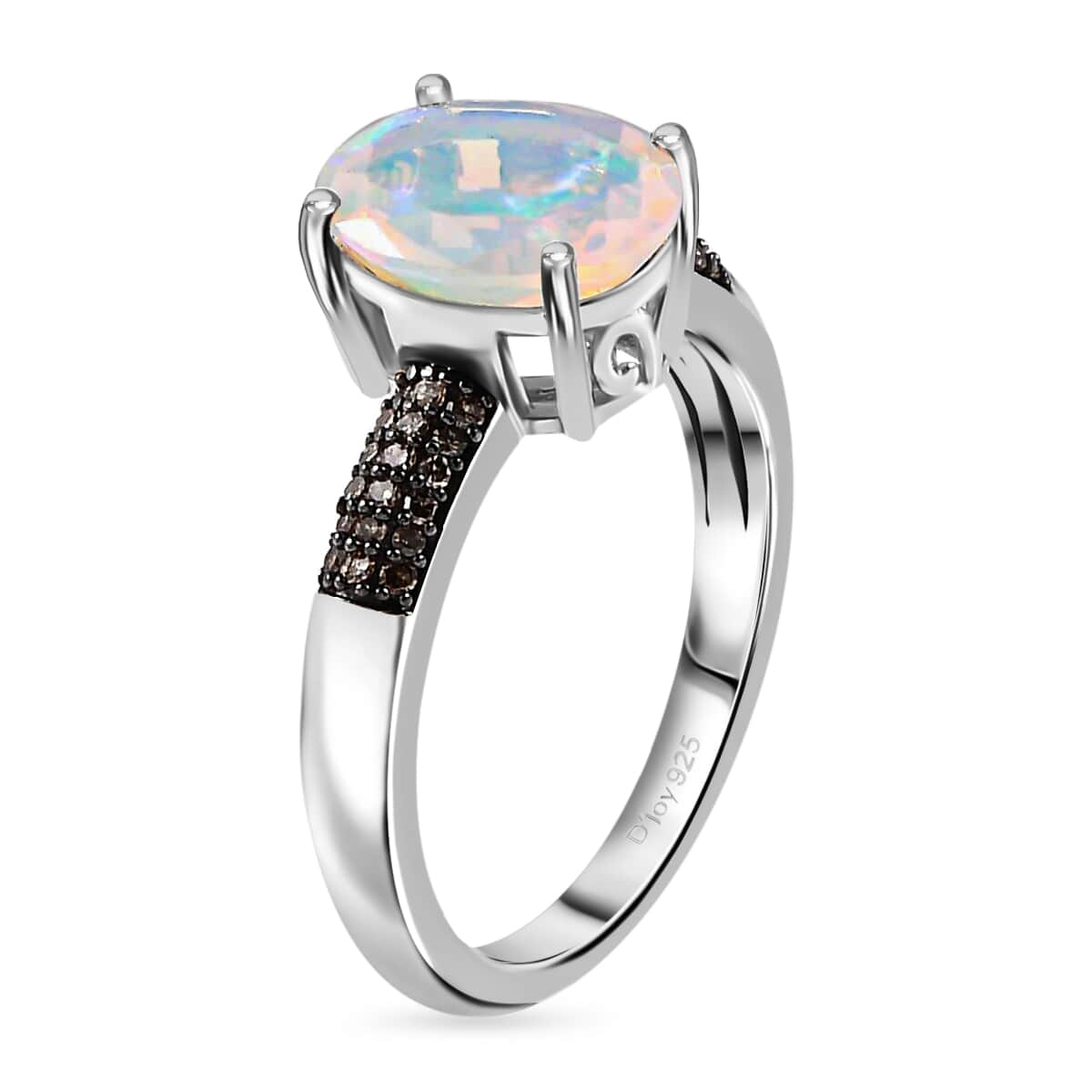 AAA Ethiopian Welo Opal and Natural Champagne Diamond Ring in Platinum Over Sterling Silver (Size 7.0) 1.75 ctw image number 3