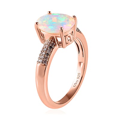 AAA Ethiopian Welo Opal, Natural Pink Diamond Ring in Vermeil RG Over Sterling Silver (Size 10.0) 1.75 ctw