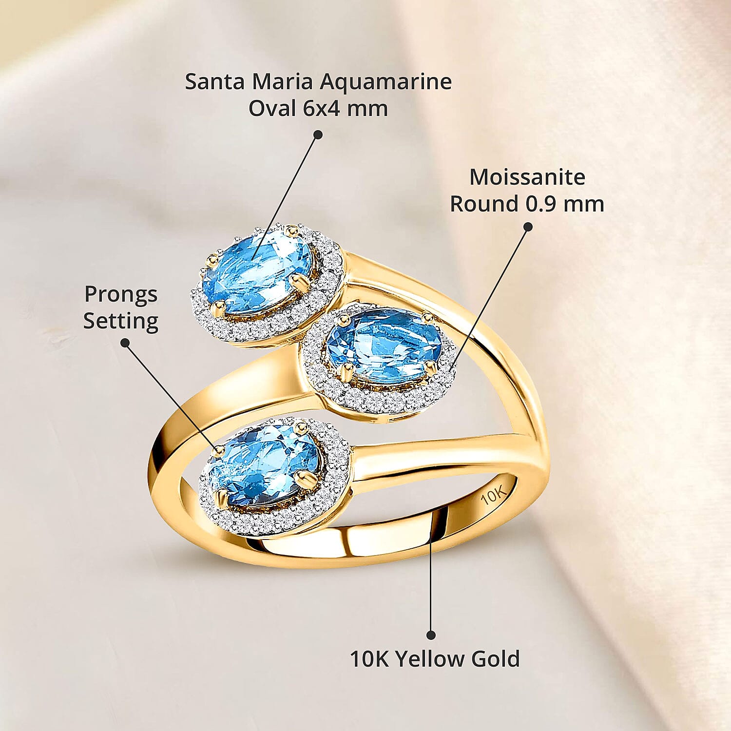 Luxoro 10K Yellow Gold AAA Santa Maria Aquamarine, Moissanite Ring (Size 5.0) (4.35 g) 1.40 ctw