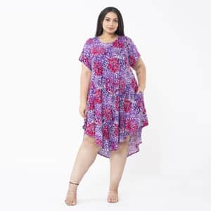 Tamsy Multi Color Firework Printed Breathable Loose Fit 100% Rayon Dress with Short Sleeve And Asymmetrical Hemline - One Size Missy