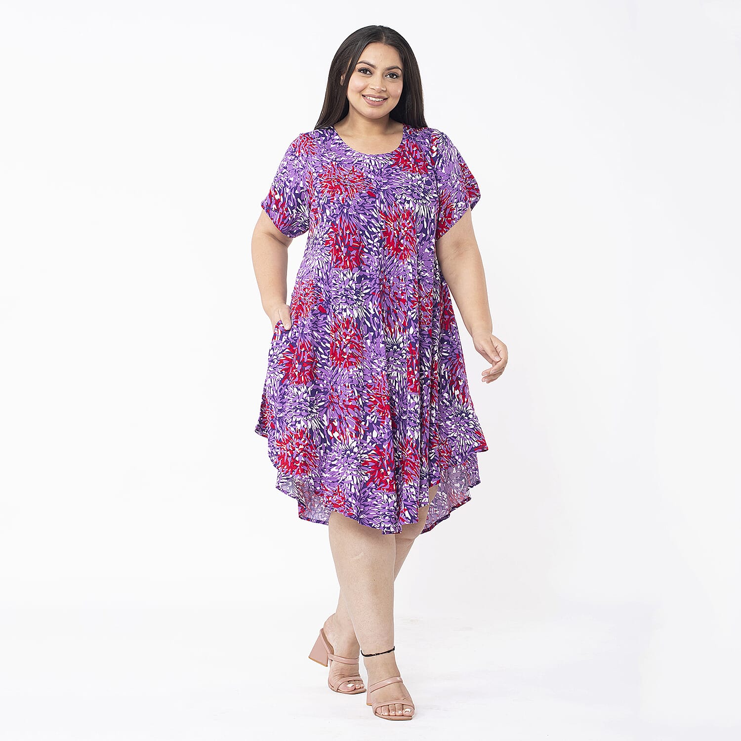 Tamsy Multi Color Firework Printed Breathable Loose Fit 100% Rayon Dress with Short Sleeve And Asymmetrical Hemline - One Size Missy