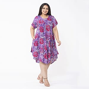 Tamsy Multi Color Firework Printed Breathable Loose Fit 100% Rayon Dress with Short Sleeve And Asymmetrical Hemline - One Size Missy
