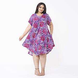 Tamsy Multi Color Firework Printed Breathable Loose Fit 100% Rayon Dress with Short Sleeve And Asymmetrical Hemline - One Size Missy