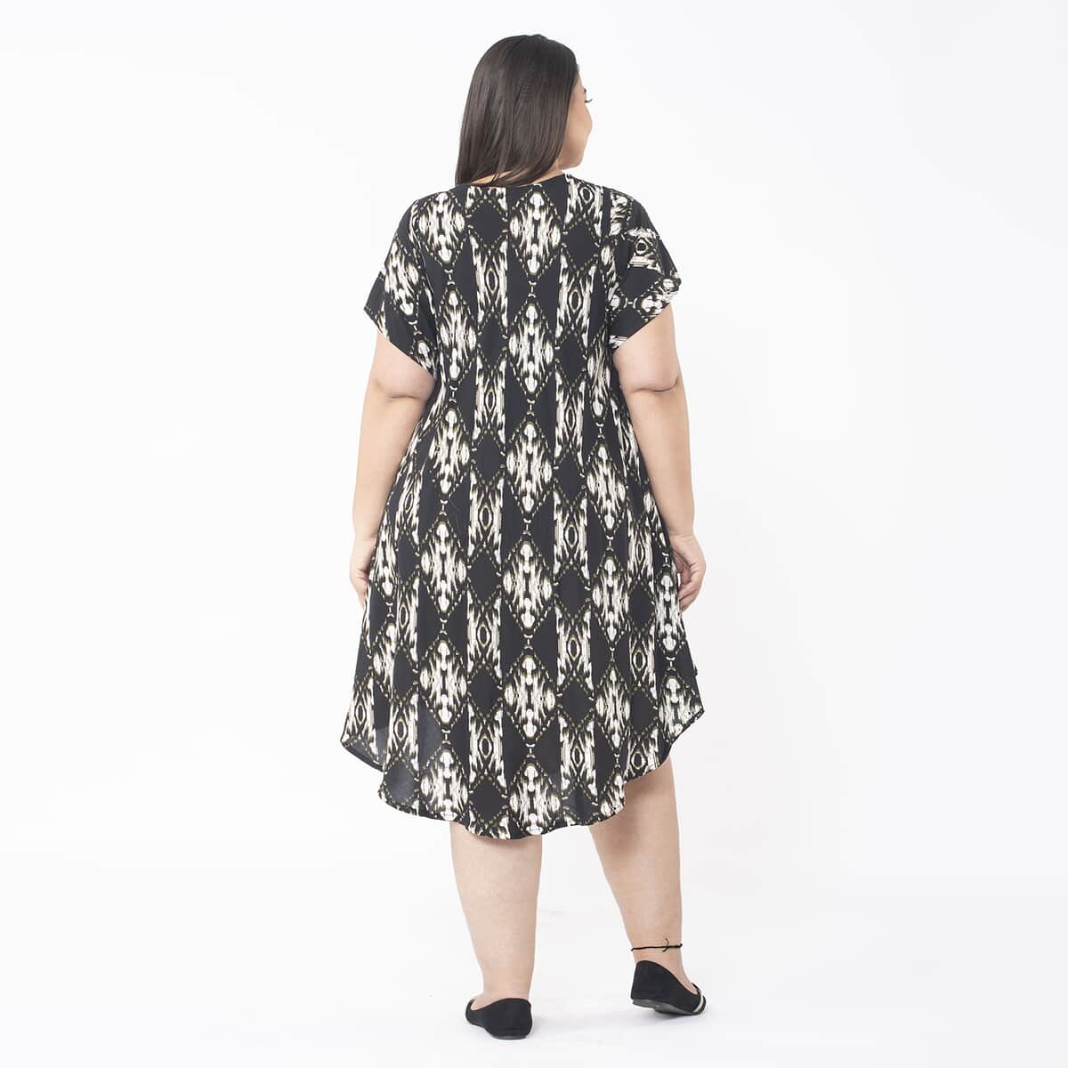 Tamsy Black Ikat Printed Breathable Loose Fit 100% Rayon Dress with Short Sleeve And Asymmetrical Hemline - One Size Missy image number 1