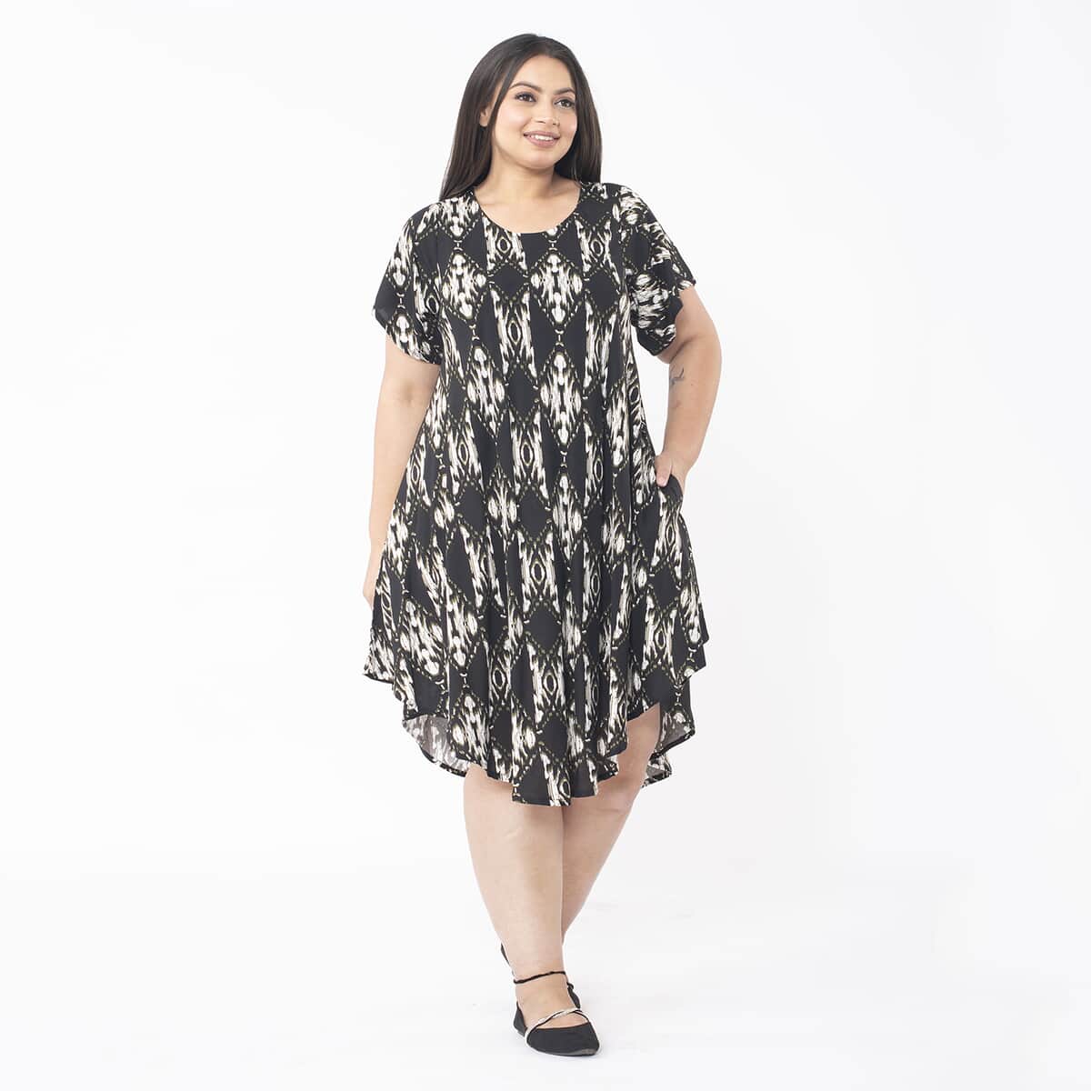 Tamsy Black Ikat Printed Breathable Loose Fit 100% Rayon Dress with Short Sleeve And Asymmetrical Hemline - One Size Missy image number 2