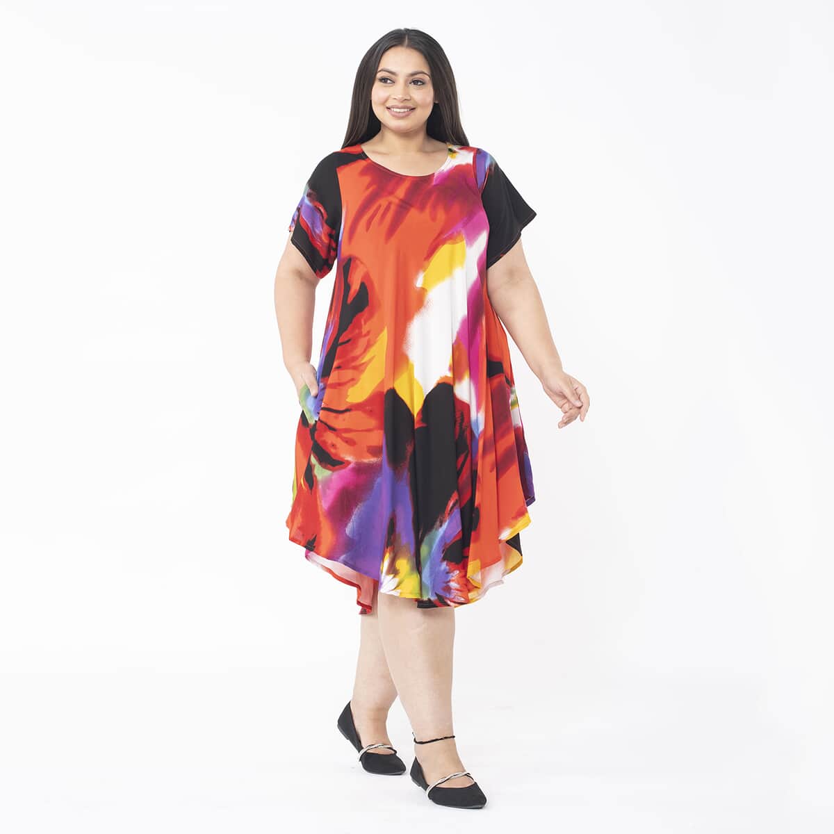 Tamsy Multi Floral Printed Breathable Loose Fit 100% Rayon Dress with Short Sleeve And Asymmetrical Hemline - One Size Plus image number 2