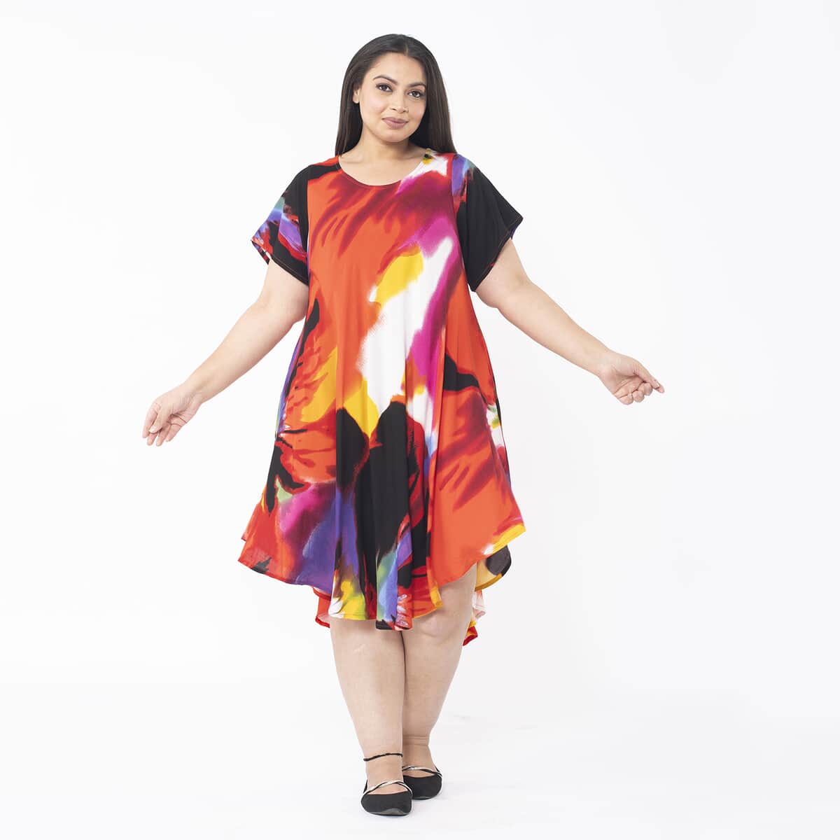 Tamsy Multi Floral Printed Breathable Loose Fit 100% Rayon Dress with Short Sleeve And Asymmetrical Hemline - One Size Plus image number 3