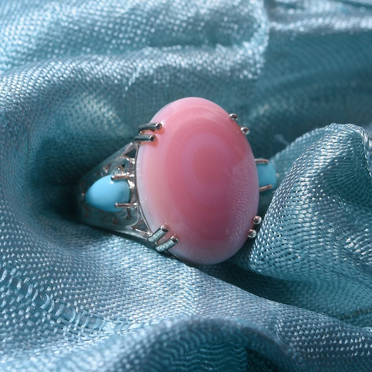 Natural Pink Conch Shell and Sleeping Beauty Turquoise Ring in Platinum Over Sterling Silver 10.80 ctw image number 1