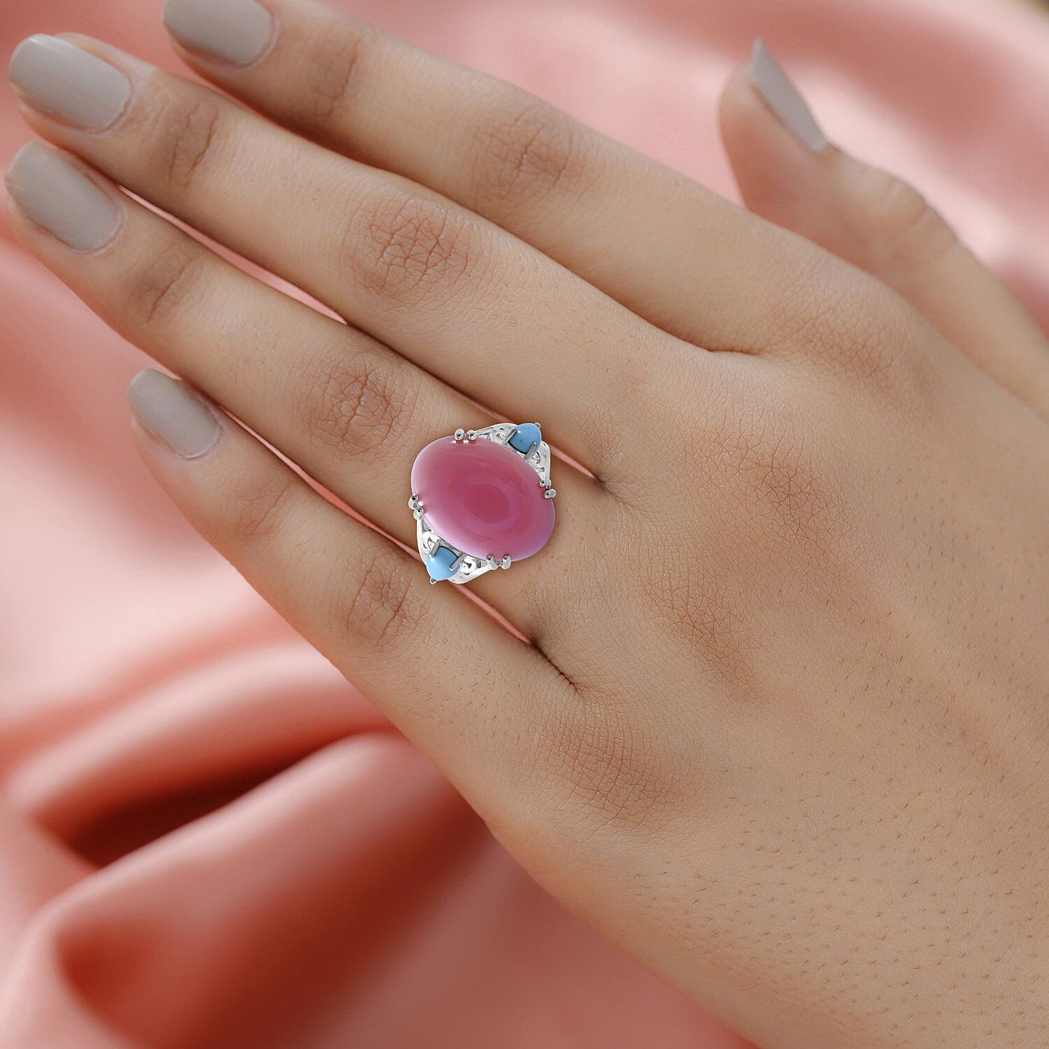 Natural Pink Conch Shell and Sleeping Beauty Turquoise Ring in Platinum Over Sterling Silver (Size 10.0) 10.80 ctw