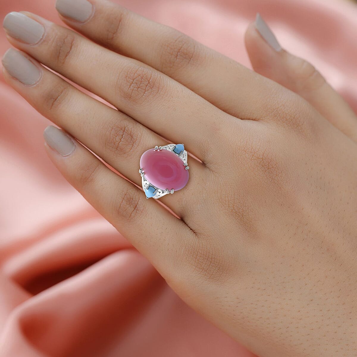 Natural Pink Conch Shell and Sleeping Beauty Turquoise Ring in Platinum Over Sterling Silver 10.80 ctw image number 2