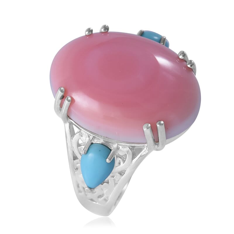 Natural Pink Conch Shell and Sleeping Beauty Turquoise Ring in Platinum Over Sterling Silver (Size 10.0) 10.80 ctw