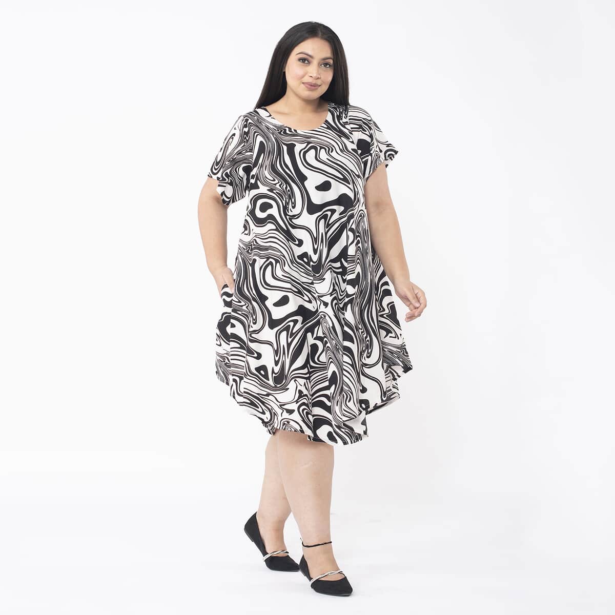 Tamsy White and Black Oil Swirl Printed Breathable Loose Fit 100% Rayon Dress with Short Sleeve And Asymmetrical Hemline - One Size Plus image number 0