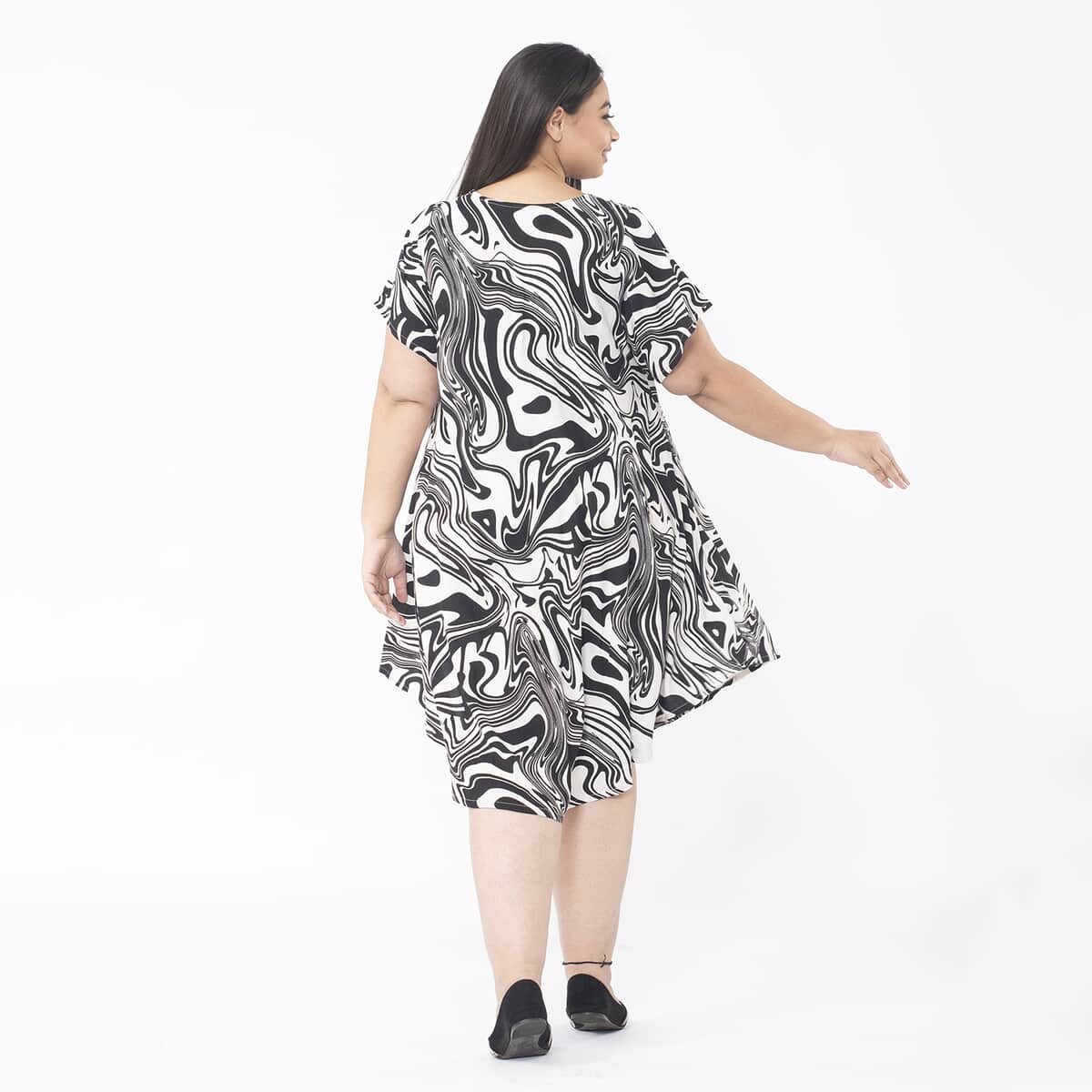 Tamsy White and Black Oil Swirl Printed Breathable Loose Fit 100% Rayon Dress with Short Sleeve And Asymmetrical Hemline - One Size Plus image number 1