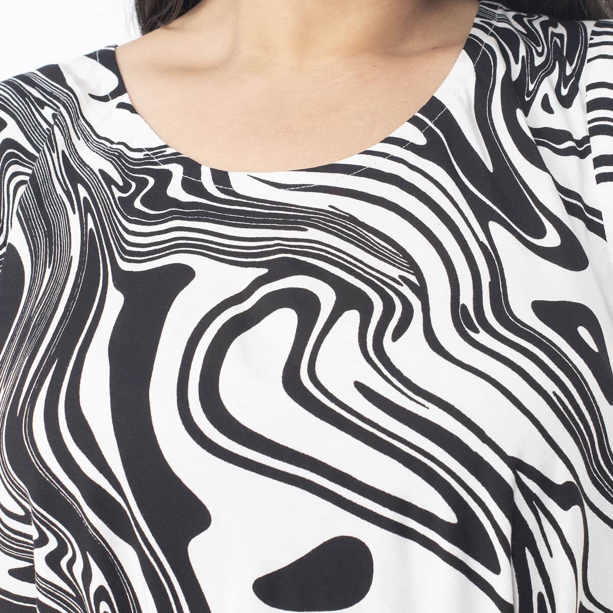 Tamsy White and Black Oil Swirl Printed Breathable Loose Fit 100% Rayon Dress with Short Sleeve And Asymmetrical Hemline - One Size Plus image number 3