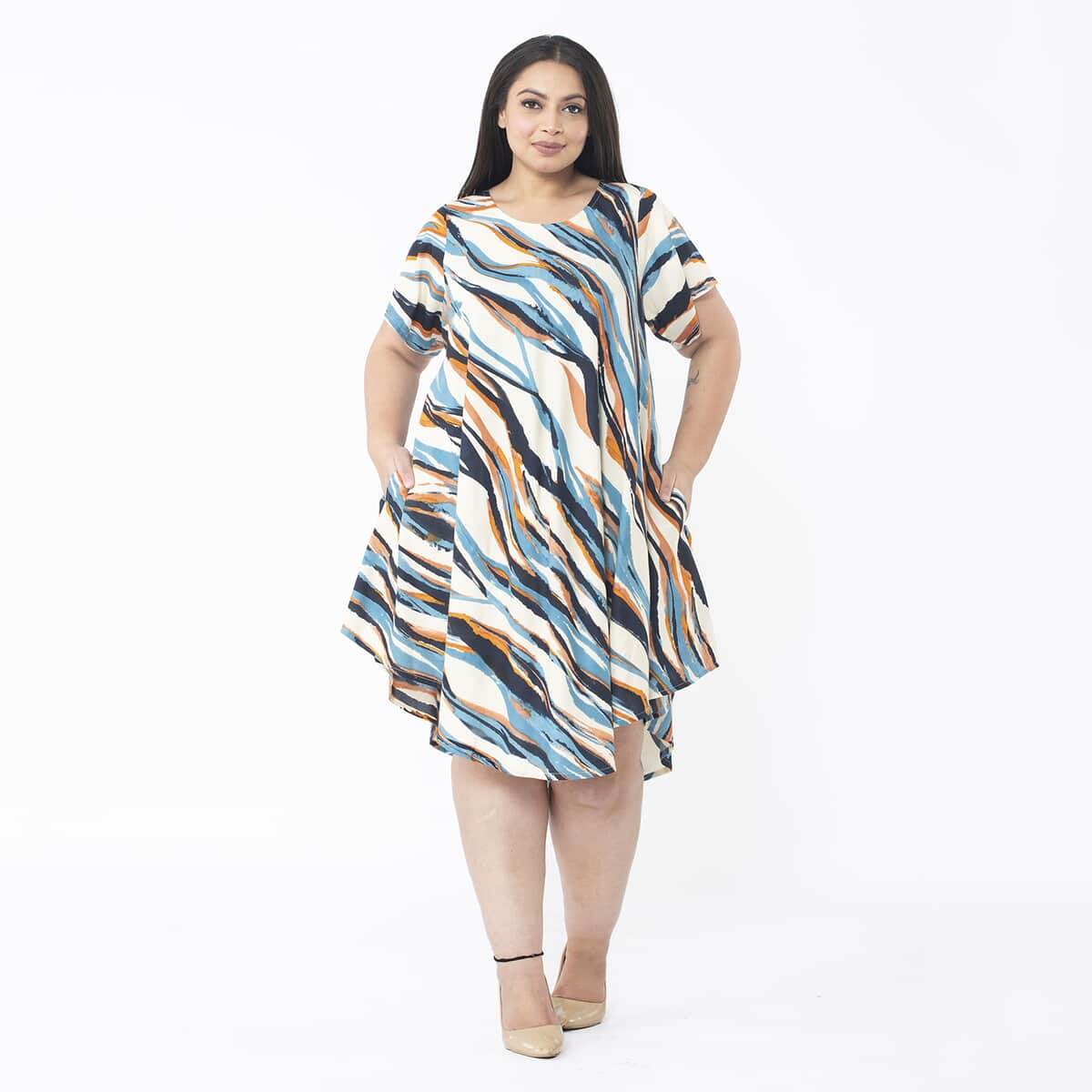 Tamsy Multi Color Zebra Printed Breathable Loose Fit 100% Rayon Dress with Short Sleeve And Asymmetrical Hemline - One Size Plus image number 0