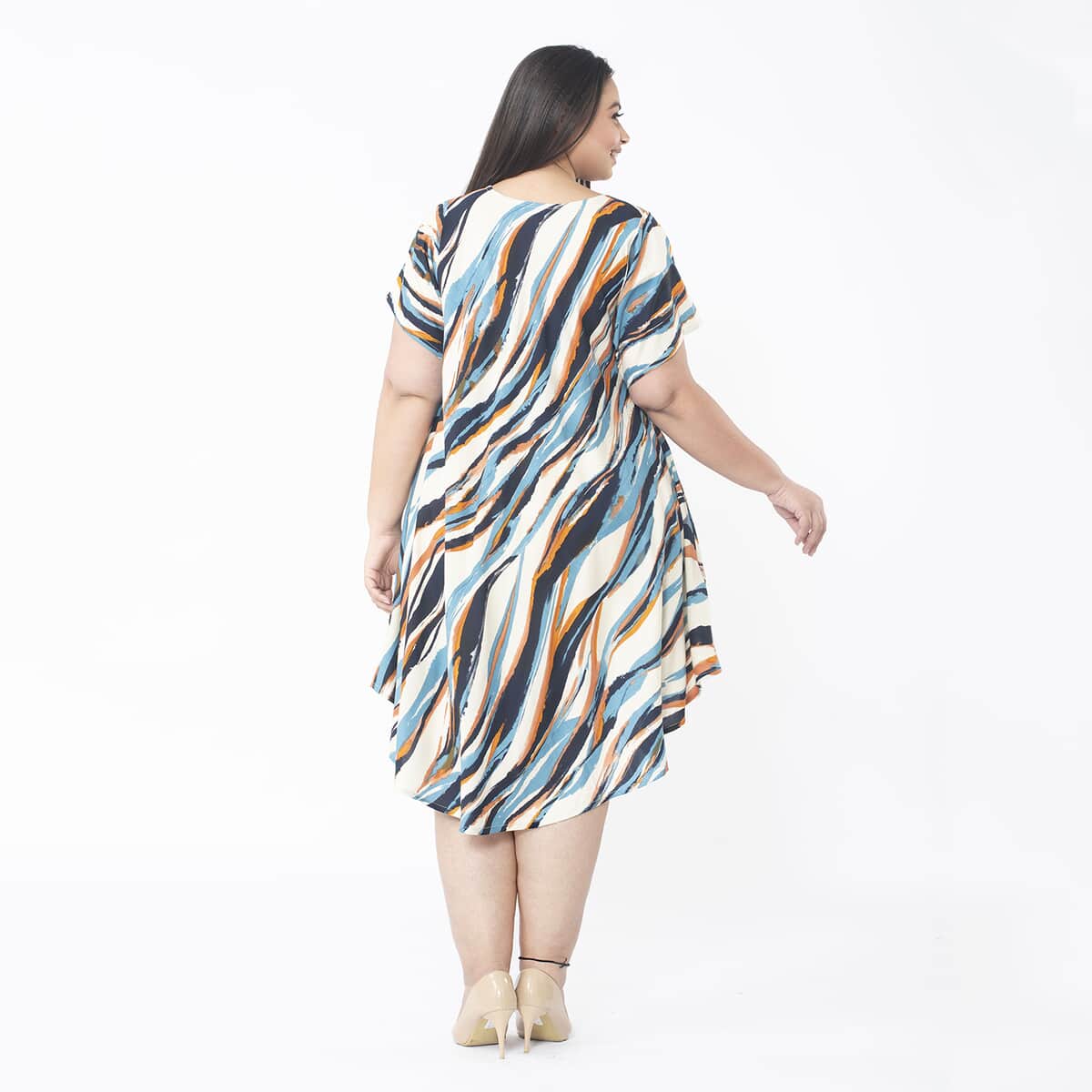 Tamsy Multi Color Zebra Printed Breathable Loose Fit 100% Rayon Dress with Short Sleeve And Asymmetrical Hemline - One Size Plus image number 1