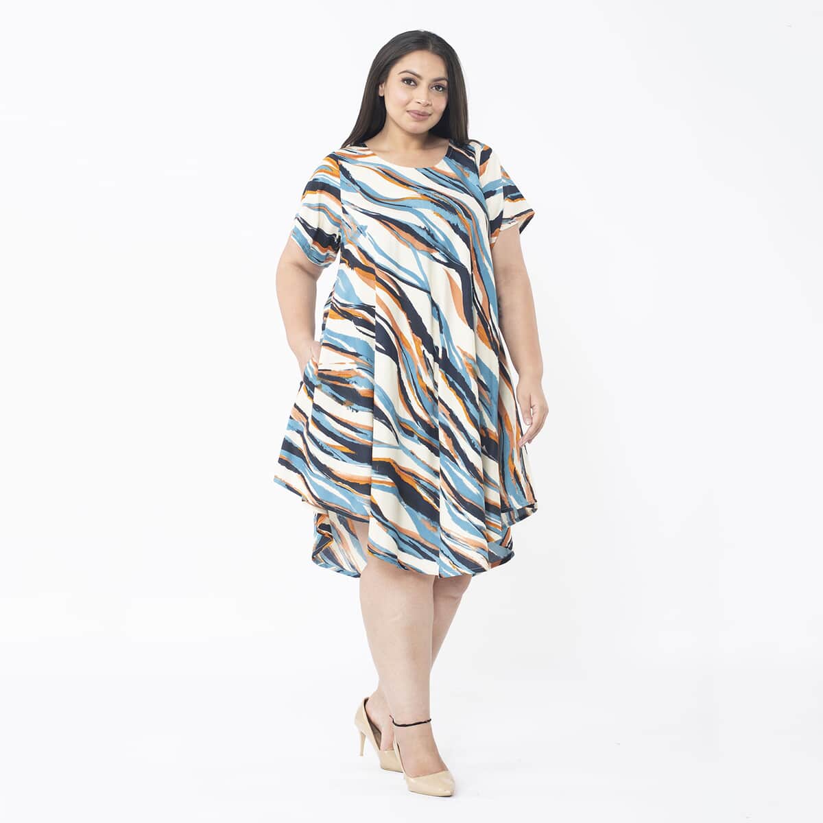 Tamsy Multi Color Zebra Printed Breathable Loose Fit 100% Rayon Dress with Short Sleeve And Asymmetrical Hemline - One Size Plus image number 2