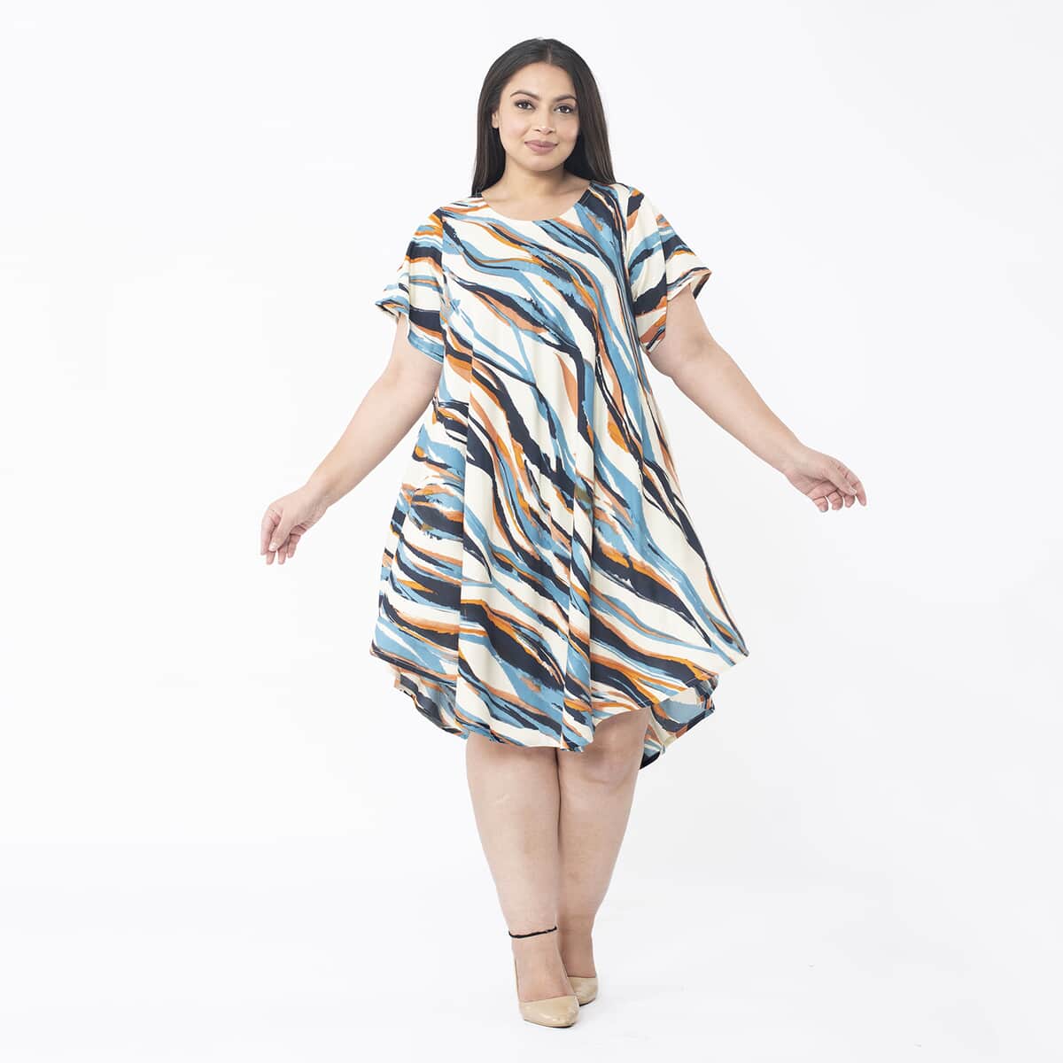 Tamsy Multi Color Zebra Printed Breathable Loose Fit 100% Rayon Dress with Short Sleeve And Asymmetrical Hemline - One Size Plus image number 3