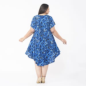 Tamsy Blue Animal Printed Breathable Loose Fit 100% Rayon Dress with Short Sleeve And Asymmetrical Hemline - One Size Plus