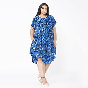 Tamsy Blue Animal Printed Breathable Loose Fit 100% Rayon Dress with Short Sleeve And Asymmetrical Hemline - One Size Plus