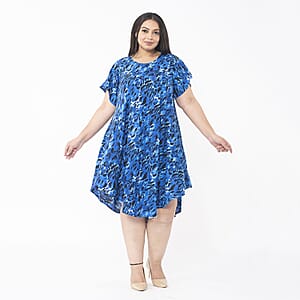 Tamsy Blue Animal Printed Breathable Loose Fit 100% Rayon Dress with Short Sleeve And Asymmetrical Hemline - One Size Plus