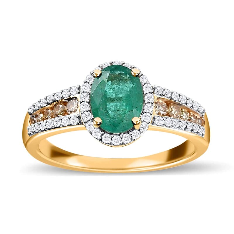 Iliana 18K Yellow Gold AAA Kagem Zambian Emerald and I1-I2 Natural Yellow and White Diamond Ring (Size 10.0) 4.10 Grams 1.60 ctw