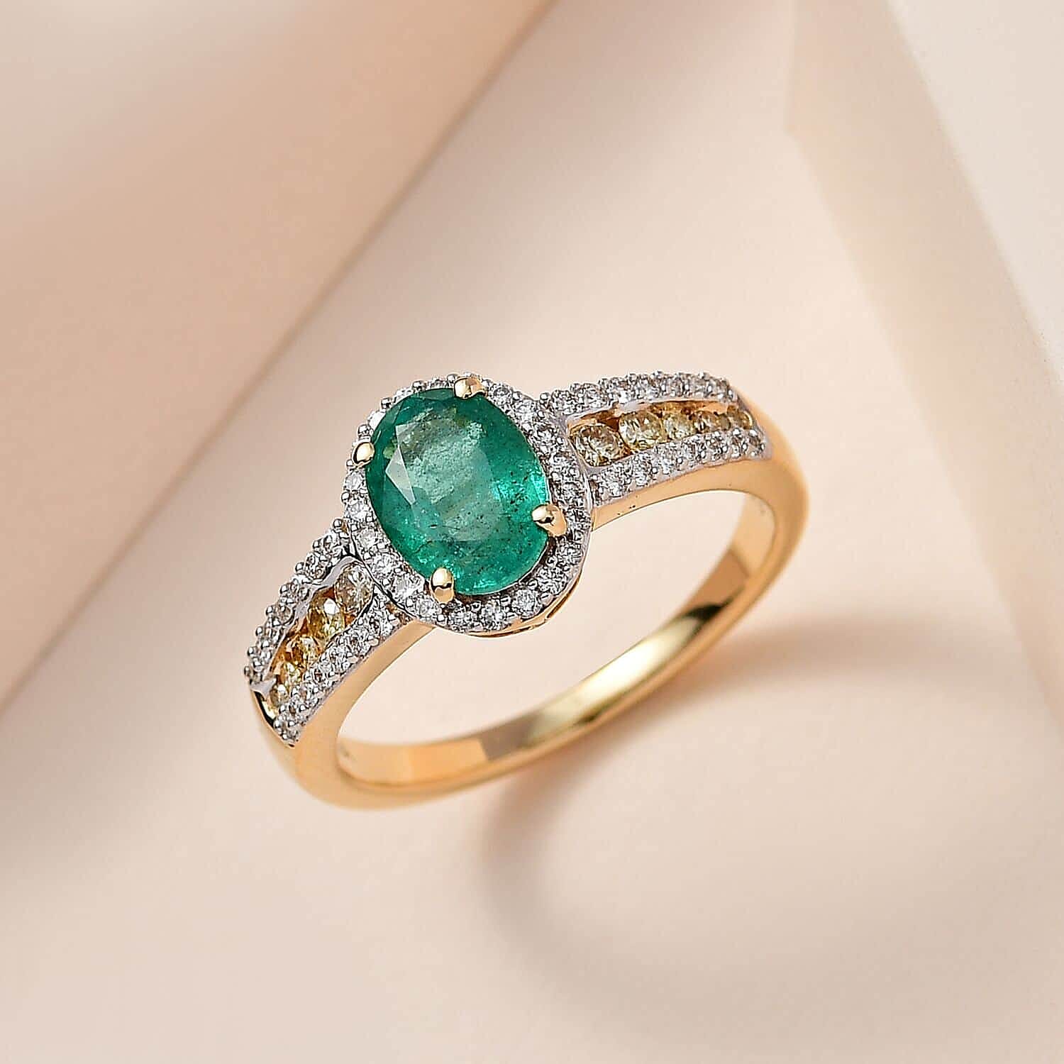 Iliana 18K Yellow Gold AAA Kagem Zambian Emerald and I1-I2 Natural Yellow and White Diamond Ring (Size 10.0) 4.10 Grams 1.60 ctw
