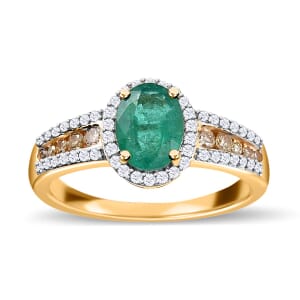 Iliana 18K Yellow Gold AAA Kagem Zambian Emerald and I1-I2 Natural Yellow and White Diamond Ring (Size 6.0) 4.10 Grams 1.60 ctw