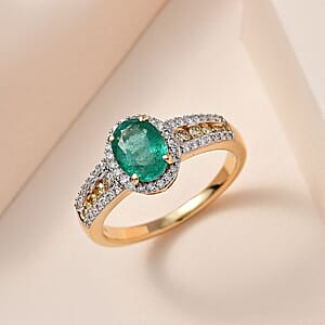 Iliana 18K Yellow Gold AAA Kagem Zambian Emerald and I1-I2 Natural Yellow and White Diamond Ring (Size 6.0) 4.10 Grams 1.60 ctw