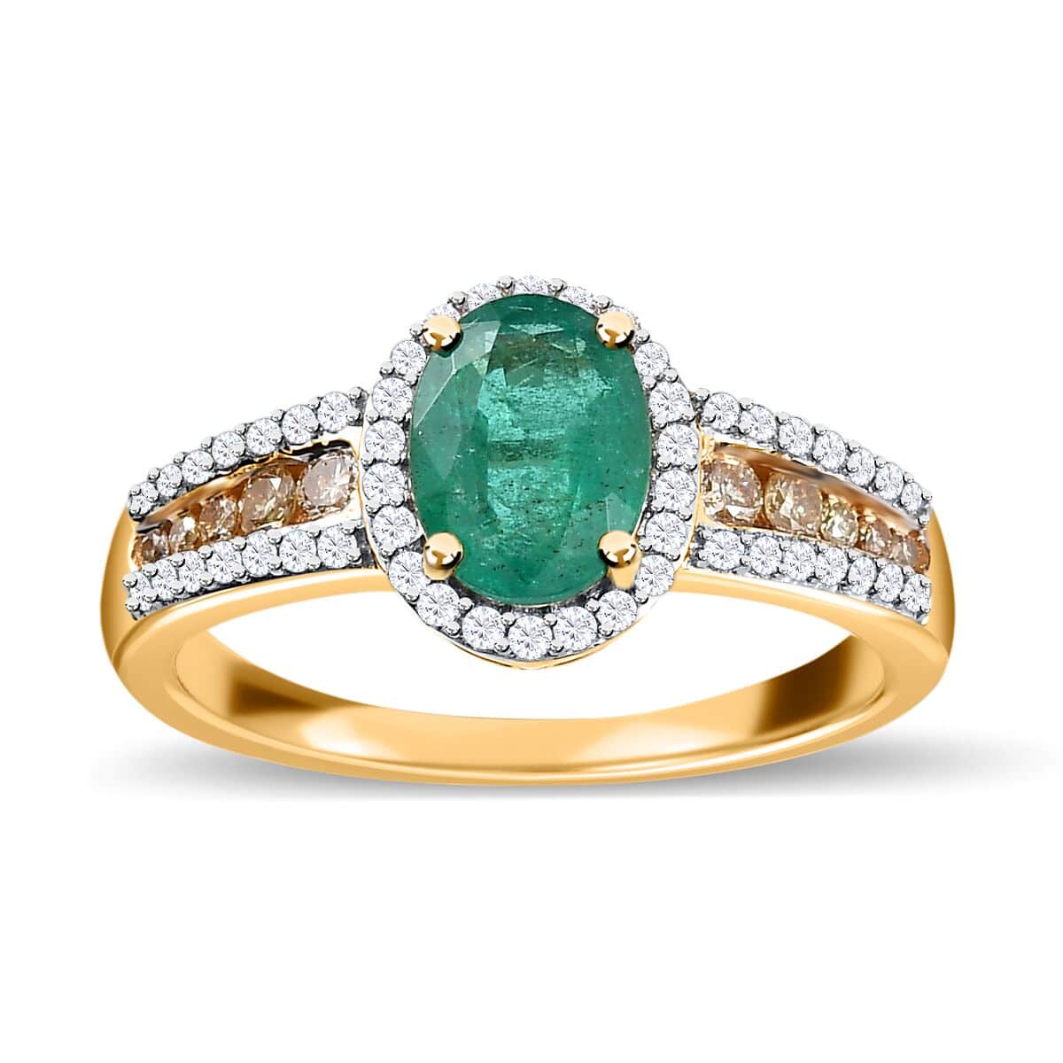 Doorbuster Iliana 18K Yellow Gold AAA Kagem Zambian Emerald and I1-I2 Natural Yellow and White Diamond Ring 4.10 Grams 1.60 ctw image number 0